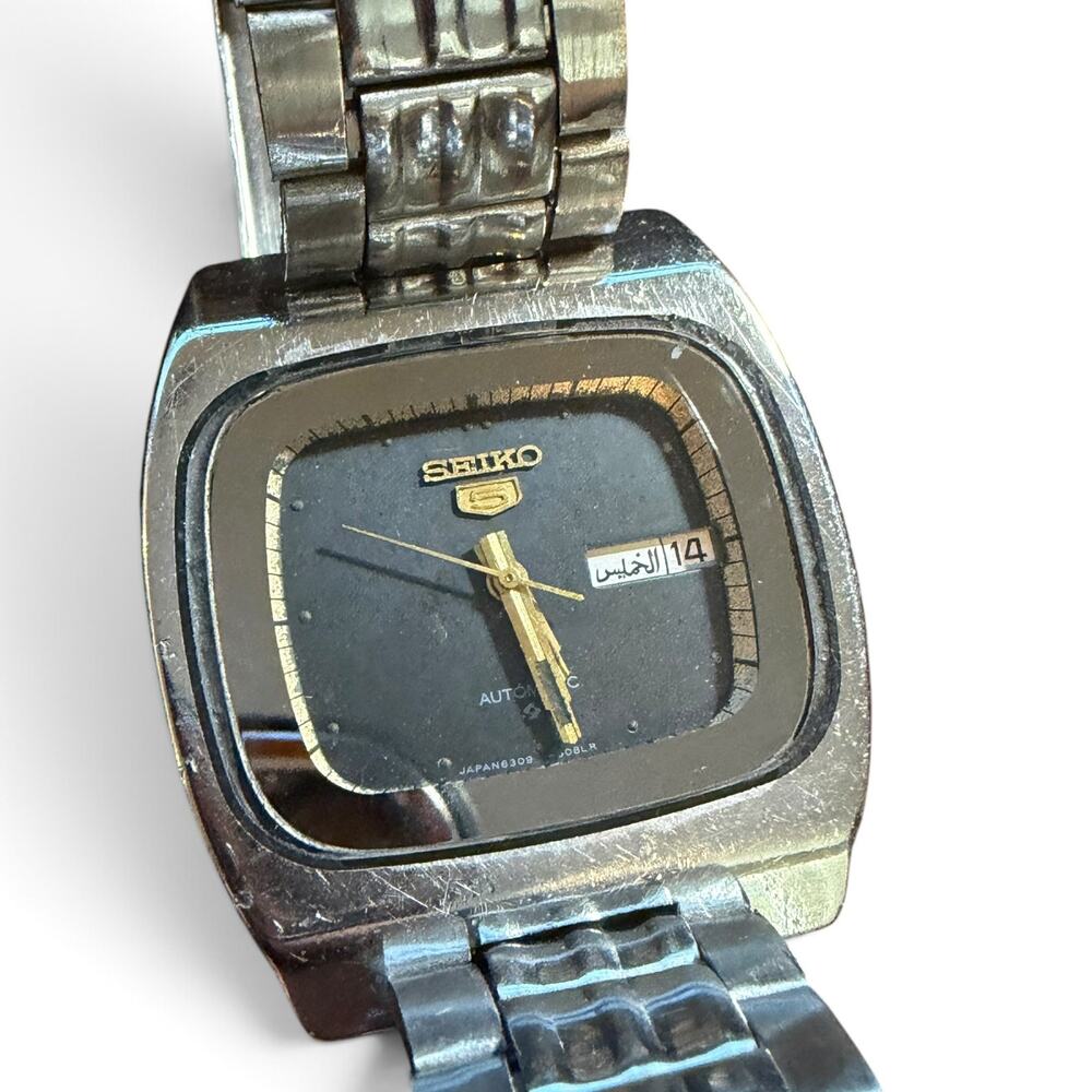 Vintage Seiko 5 Automatic Watch, Square TV-Style Case, Black Dial, Japan